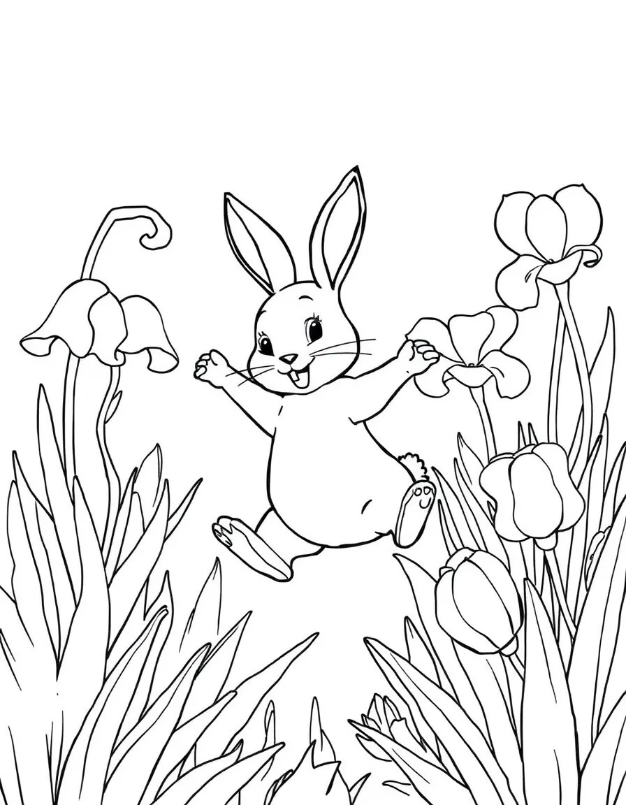 happy rabbit jumping through iris garden coloring page