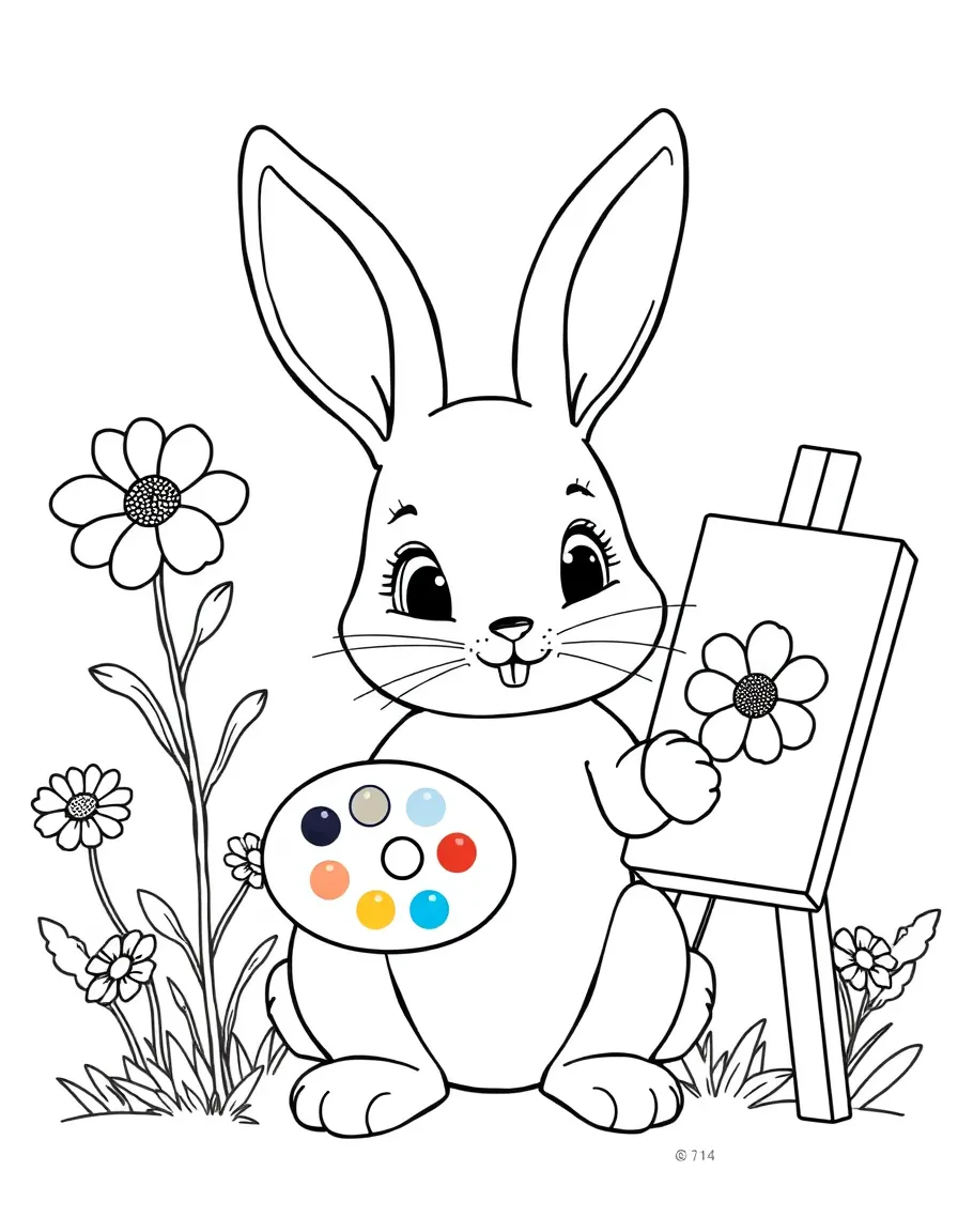 cute bunny painter with palette of flower colors coloring page