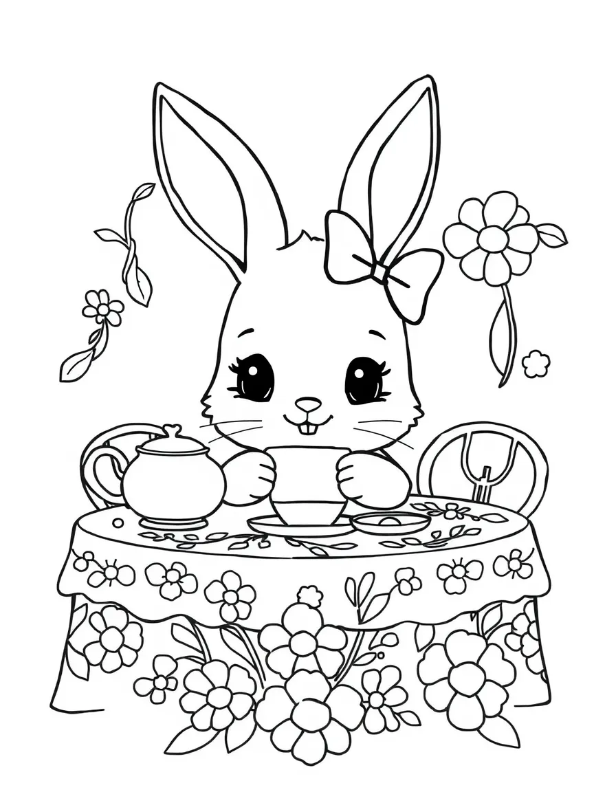 fluffy rabbit tea party with floral tablecloth coloring page