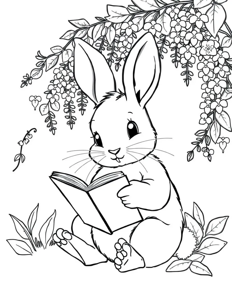 adorable bunny reading book under wisteria vine coloring page