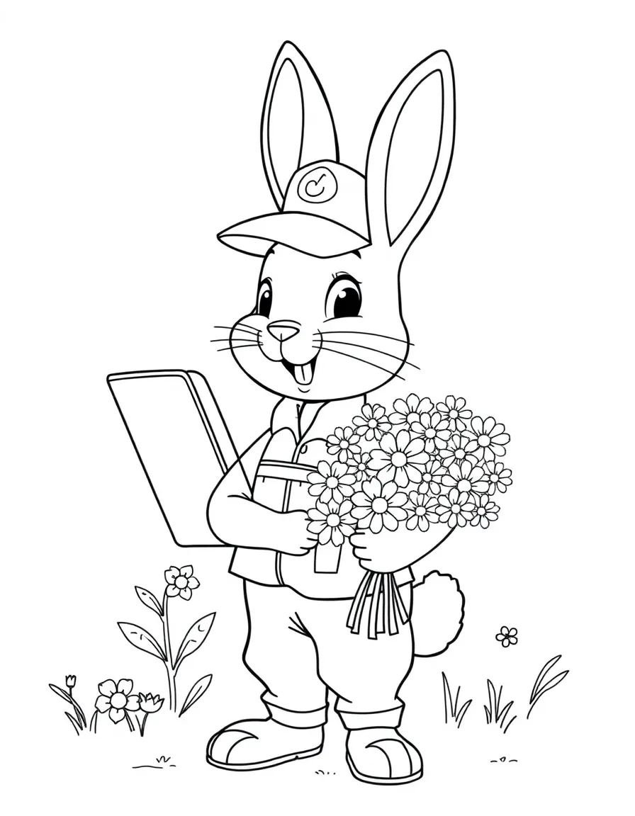 cartoon rabbit mailman delivering flower bouquets coloring page