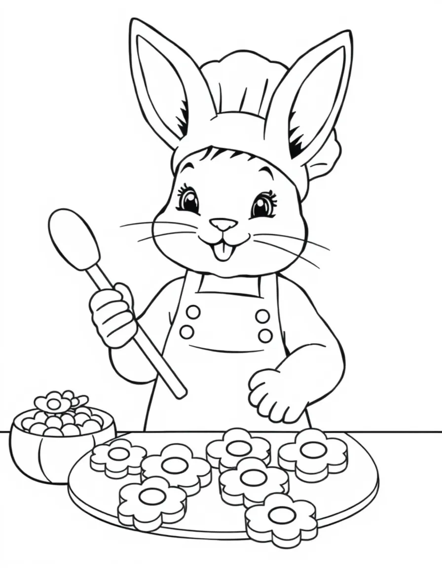baby bunny baker making flower-shaped cookies coloring page