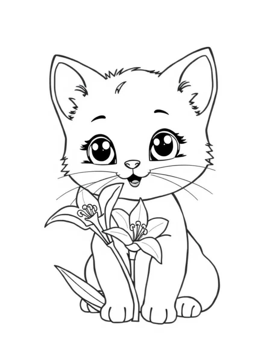 adorable cartoon kitten with lily coloring page