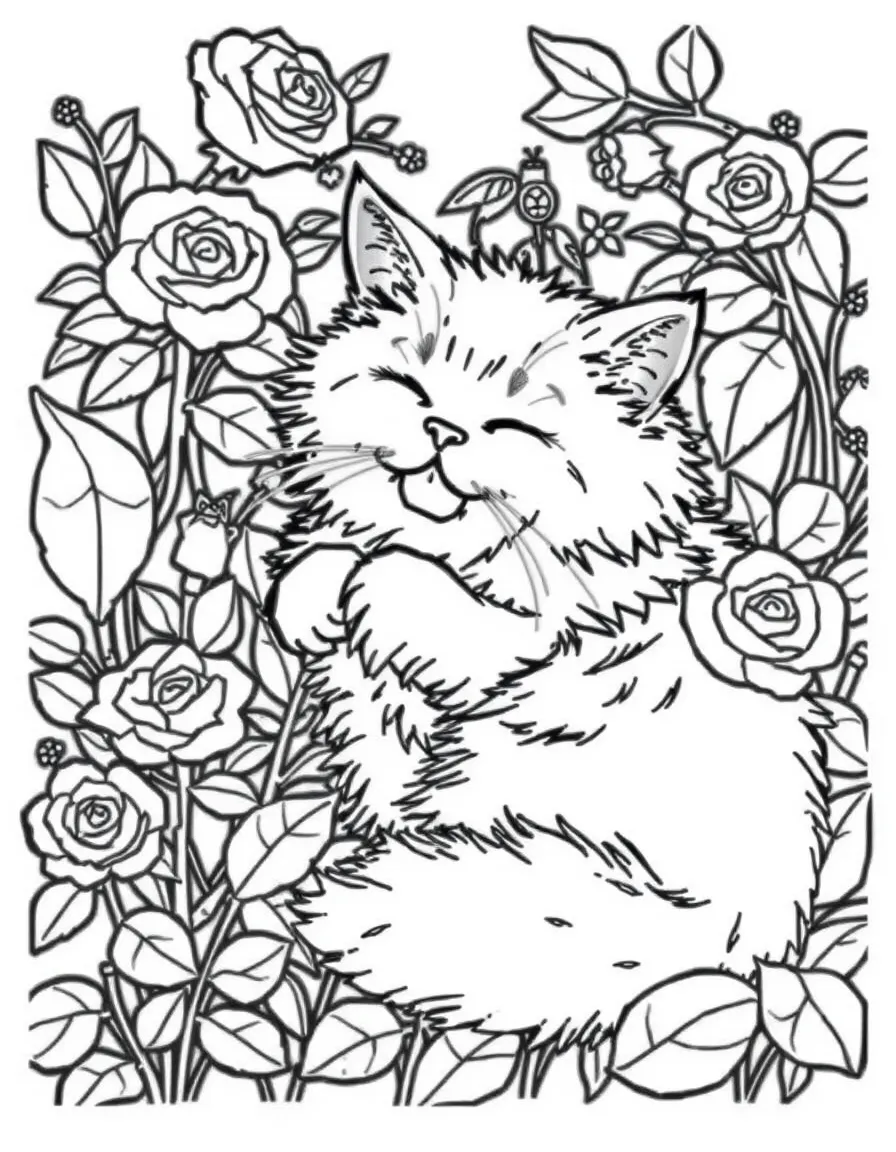 fluffy cat napping in rose garden coloring page
