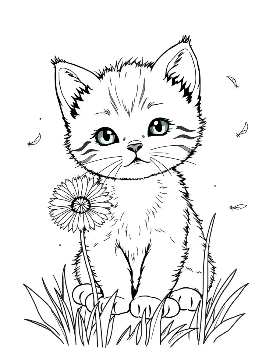 cute kitten playing with dandelion seeds coloring page