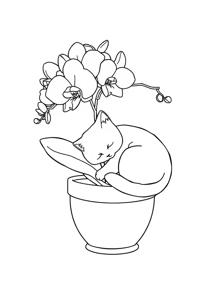 sleepy cat curled around potted orchid coloring page