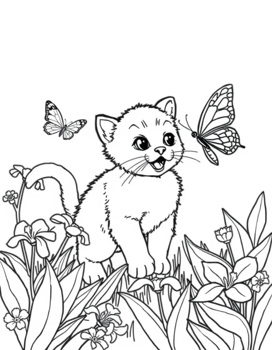 playful kitten chasing butterfly near violets coloring page