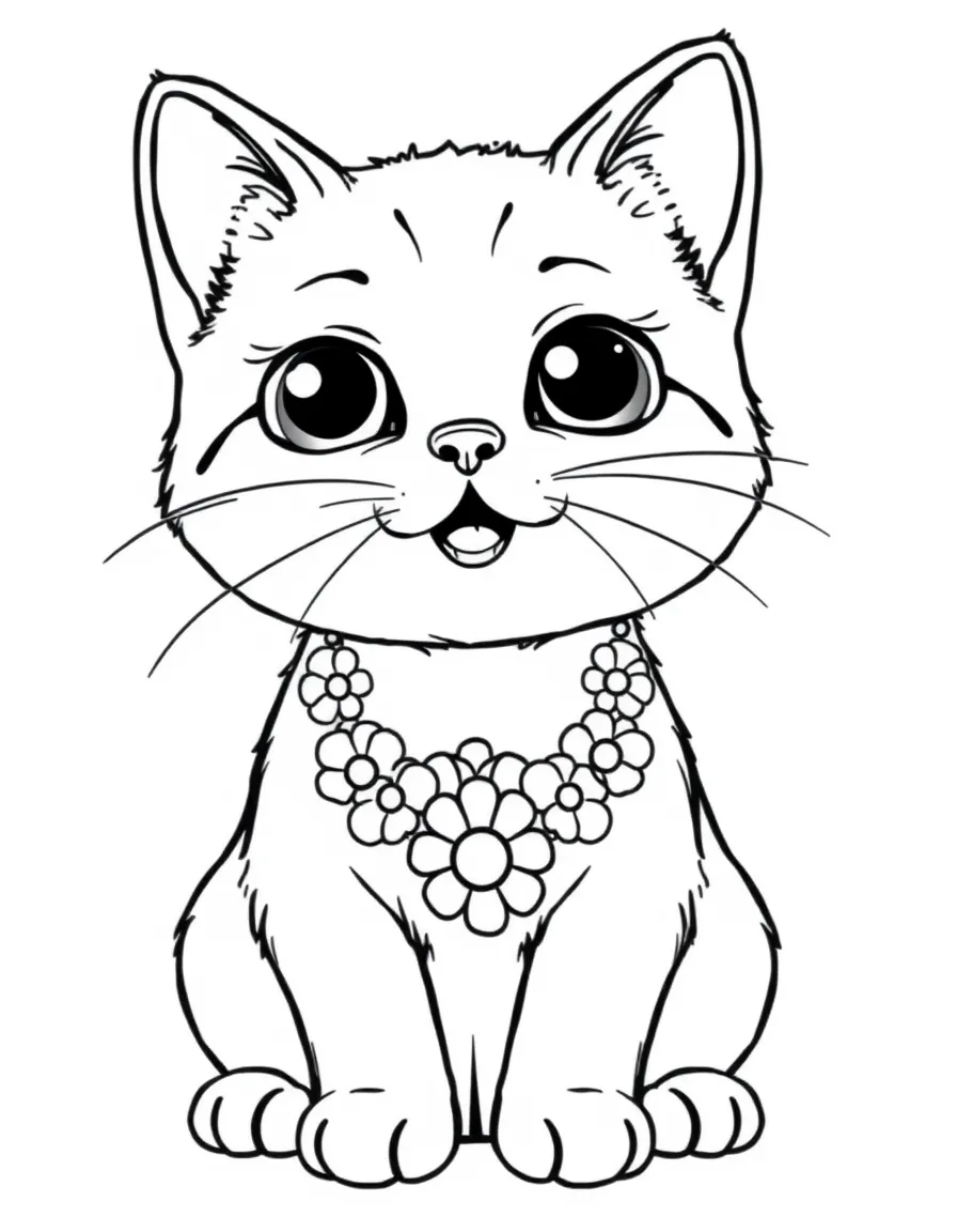 adorable cat wearing daisy chain necklace coloring page