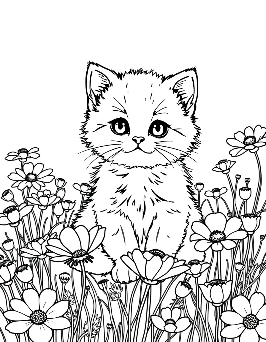 fluffy kitten sitting in field of cosmos flowers coloring page