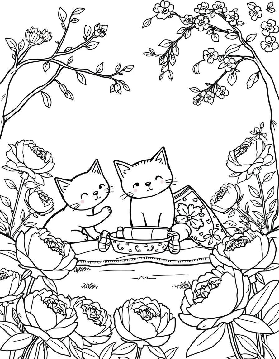 cute cat family picnicking among peonies coloring page