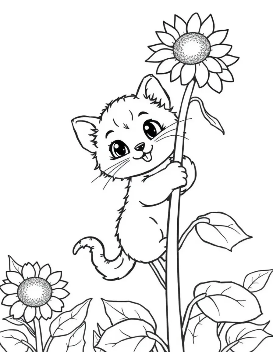 cartoon kitten climbing sunflower stalk coloring page