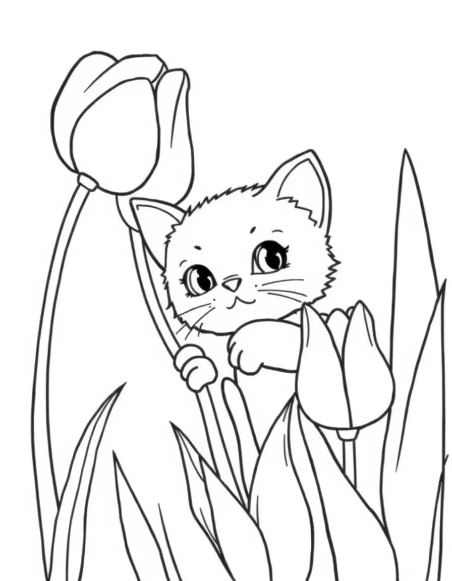 baby cat hiding in tulip bulb garden coloring page