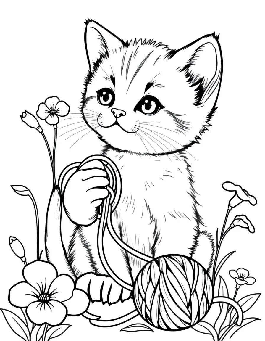 adorable kitten with yarn ball and morning glories coloring page