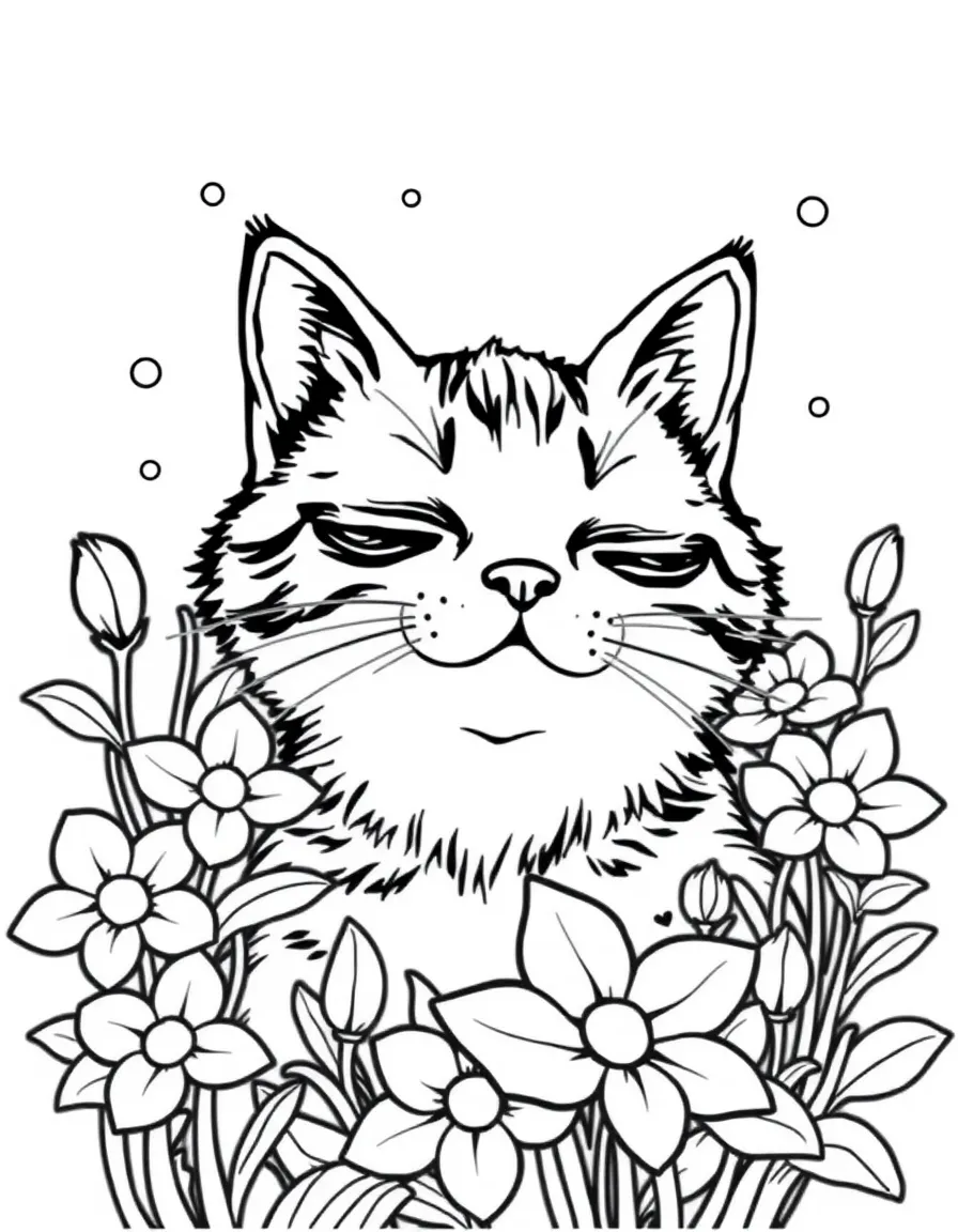 sleepy cat dreaming of catnip flowers coloring page