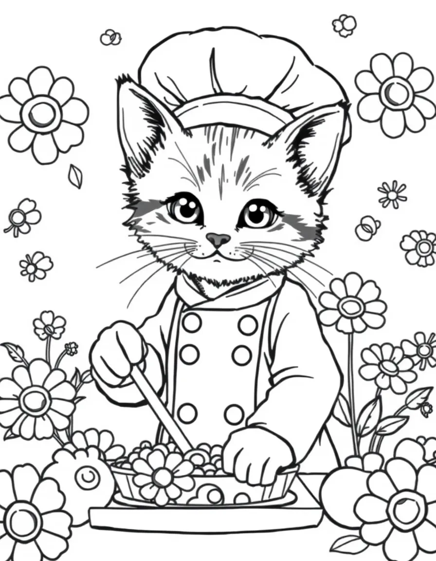 playful kitten chef cooking with edible flowers coloring page