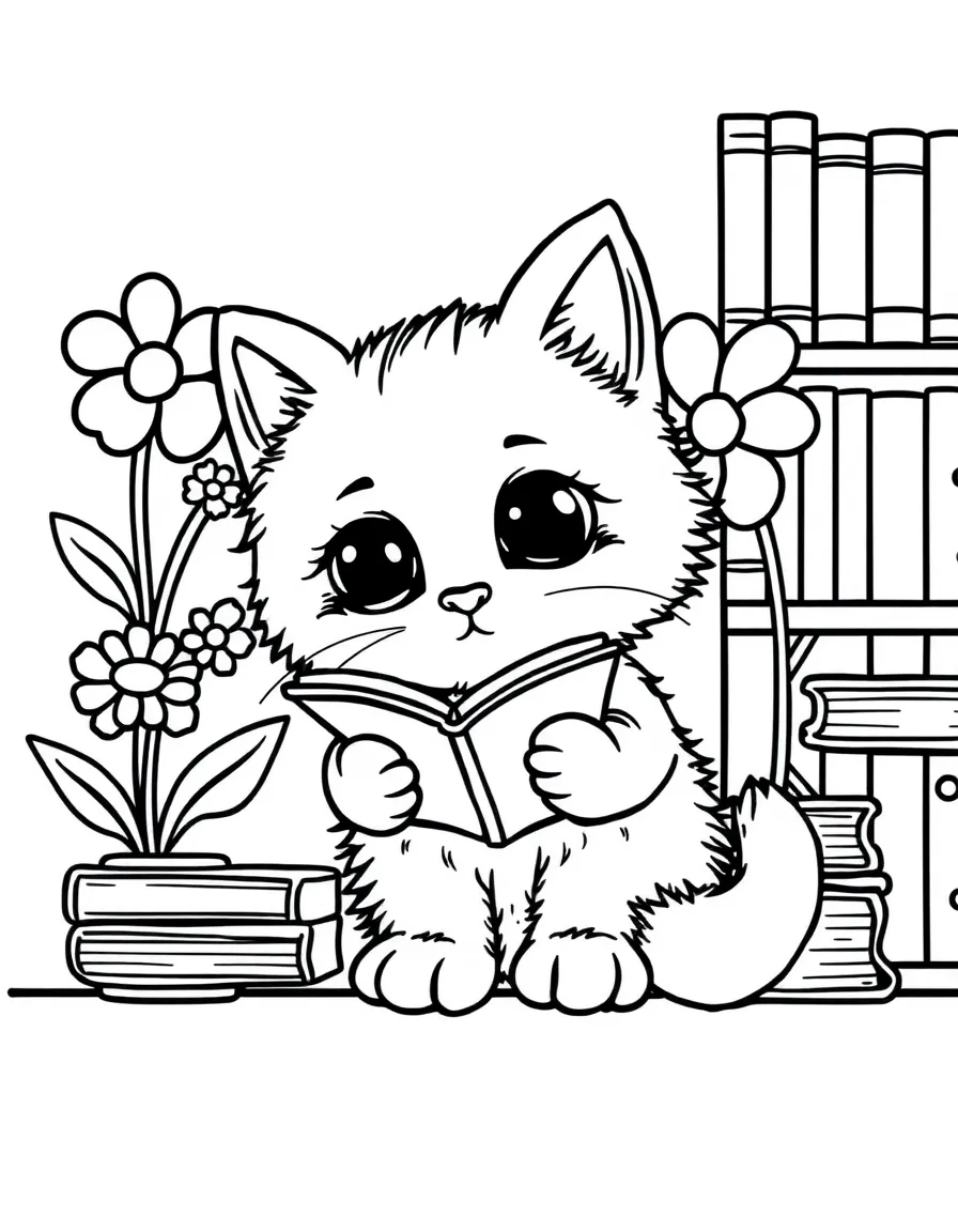 fluffy kitten librarian organizing flower reference books coloring page