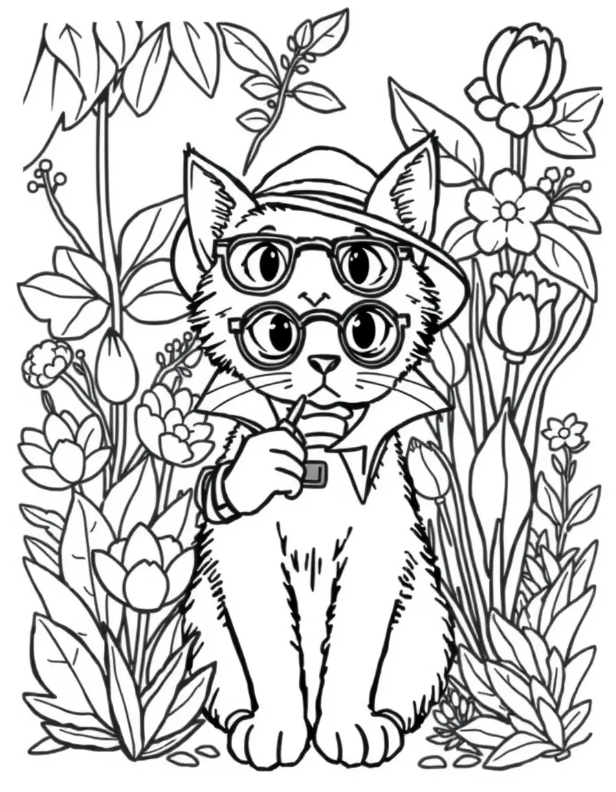 adorable cat detective solving mystery in botanical garden coloring page
