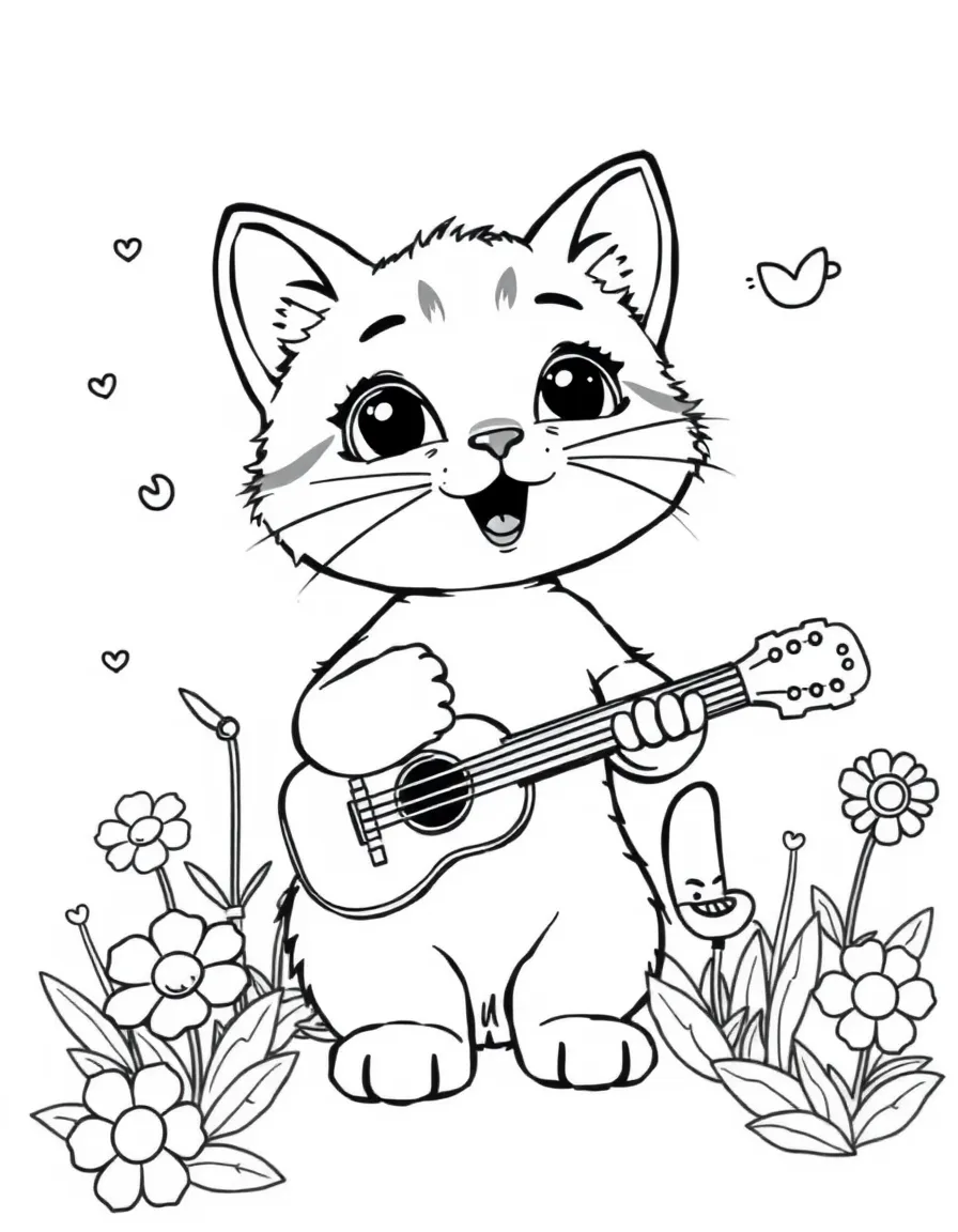 cartoon kitten musician playing among singing flowers coloring page