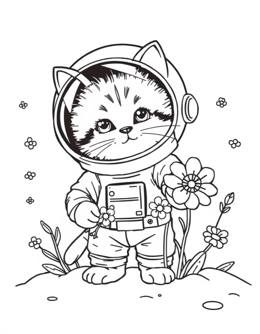baby cat astronaut discovering alien flowers coloring page