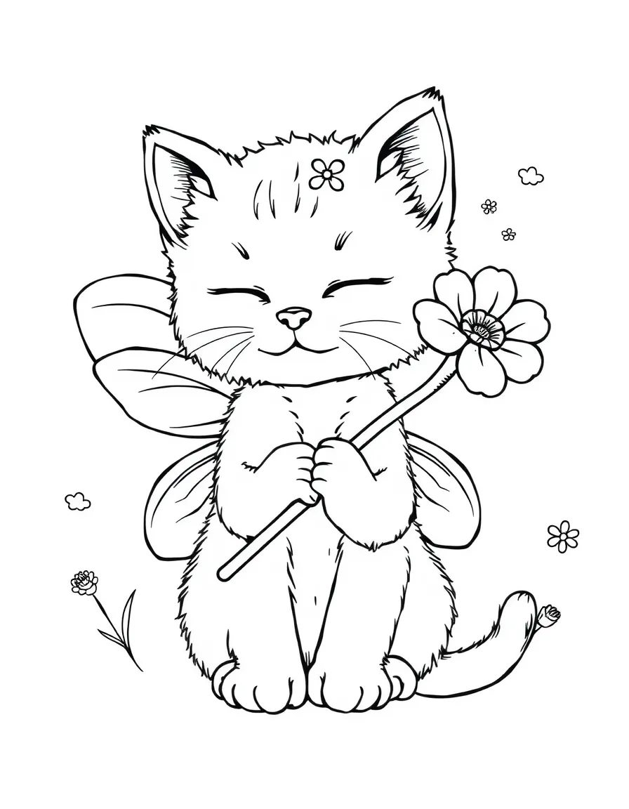 sleepy kitten fairy with magical flower wand coloring page