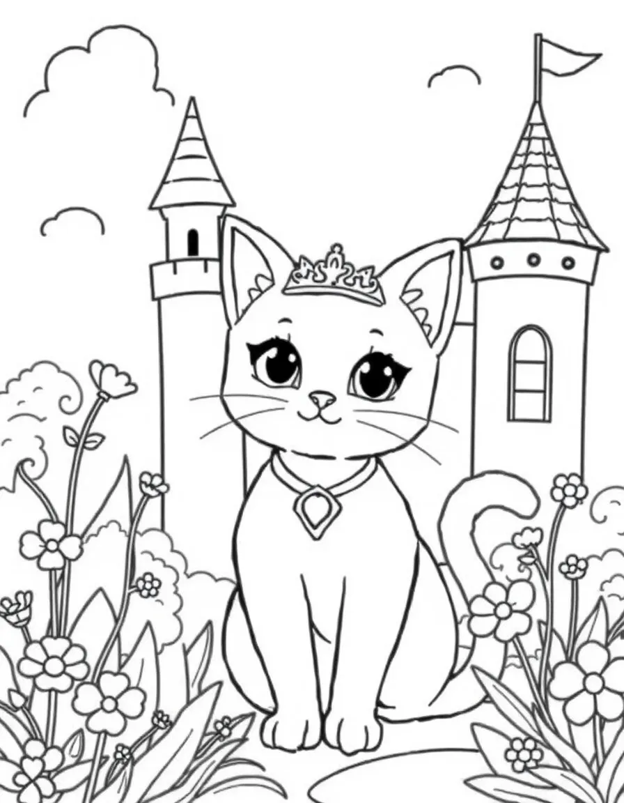 cute cat princess in castle garden coloring page