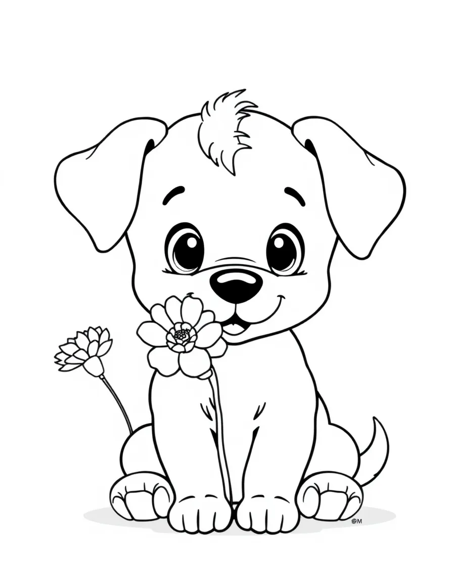 adorable cartoon puppy with carnation coloring page