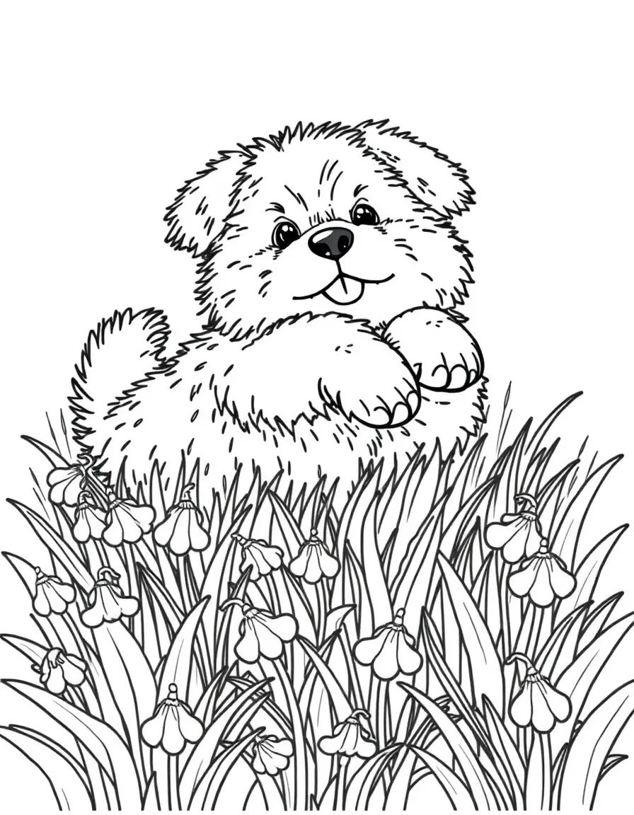 fluffy dog rolling in field of bluebells coloring page