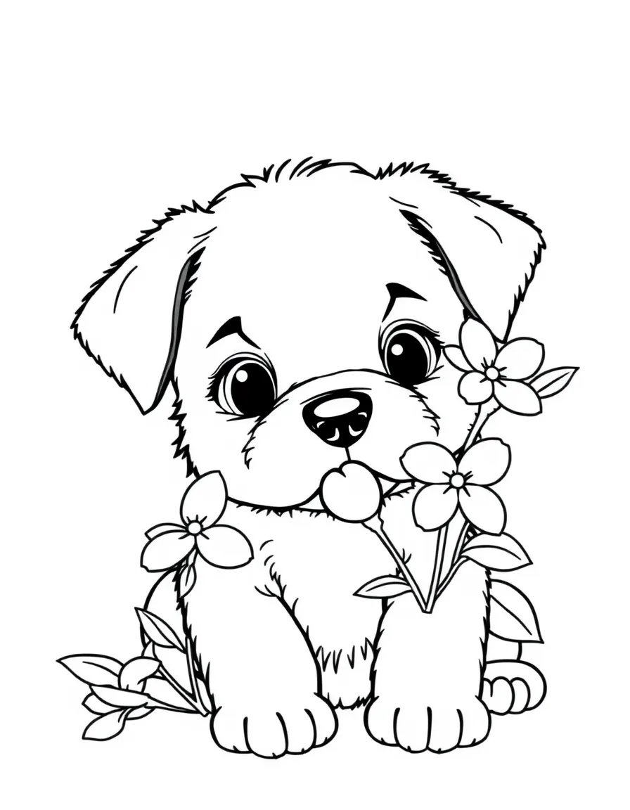 cute puppy sniffing fragrant jasmine flowers coloring page