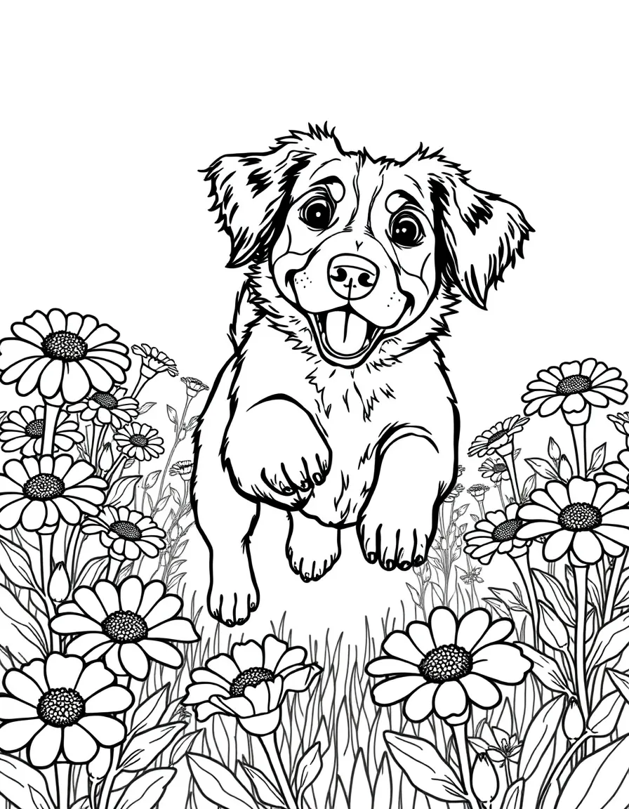 playful dog jumping through field of zinnias coloring page
