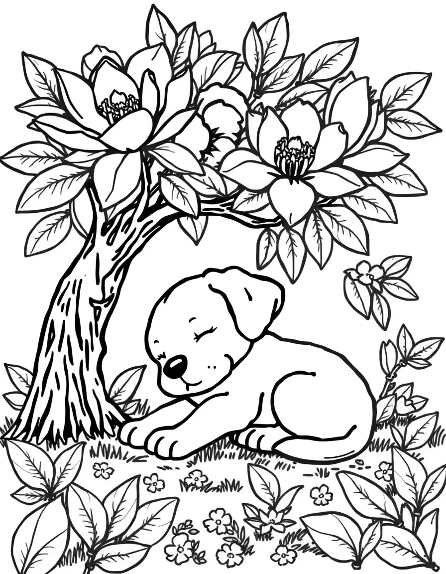 sleepy puppy dreaming under magnolia tree coloring page