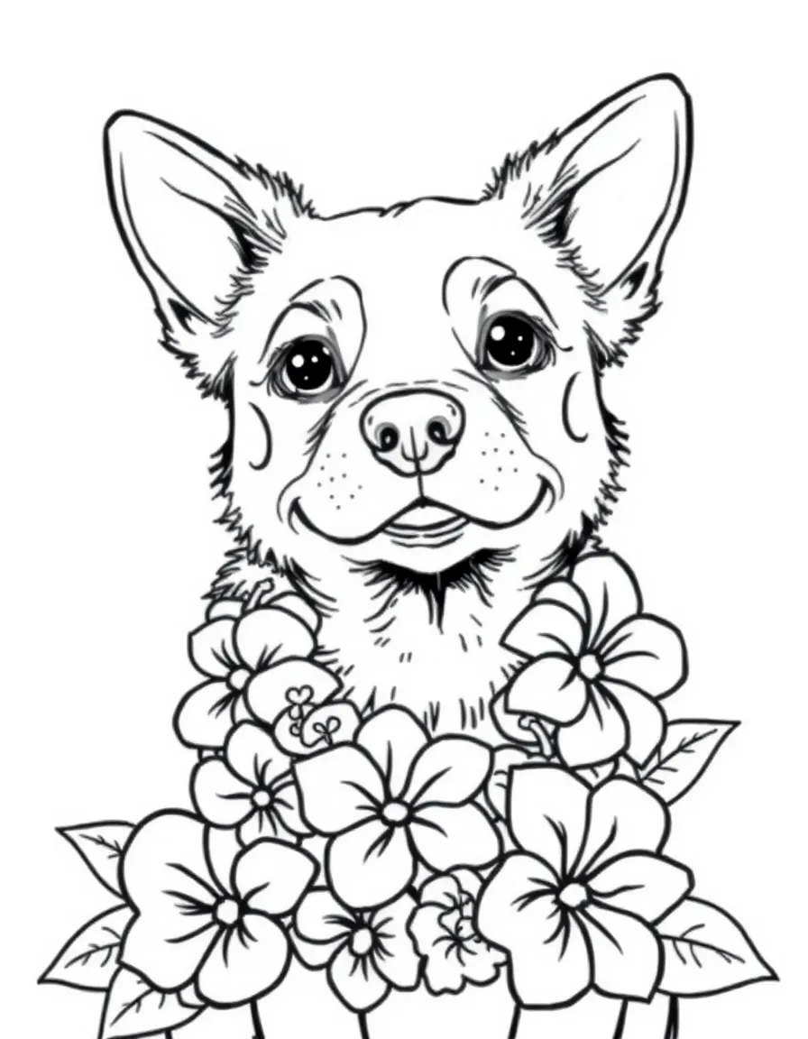 adorable dog wearing lei of hibiscus flowers coloring page