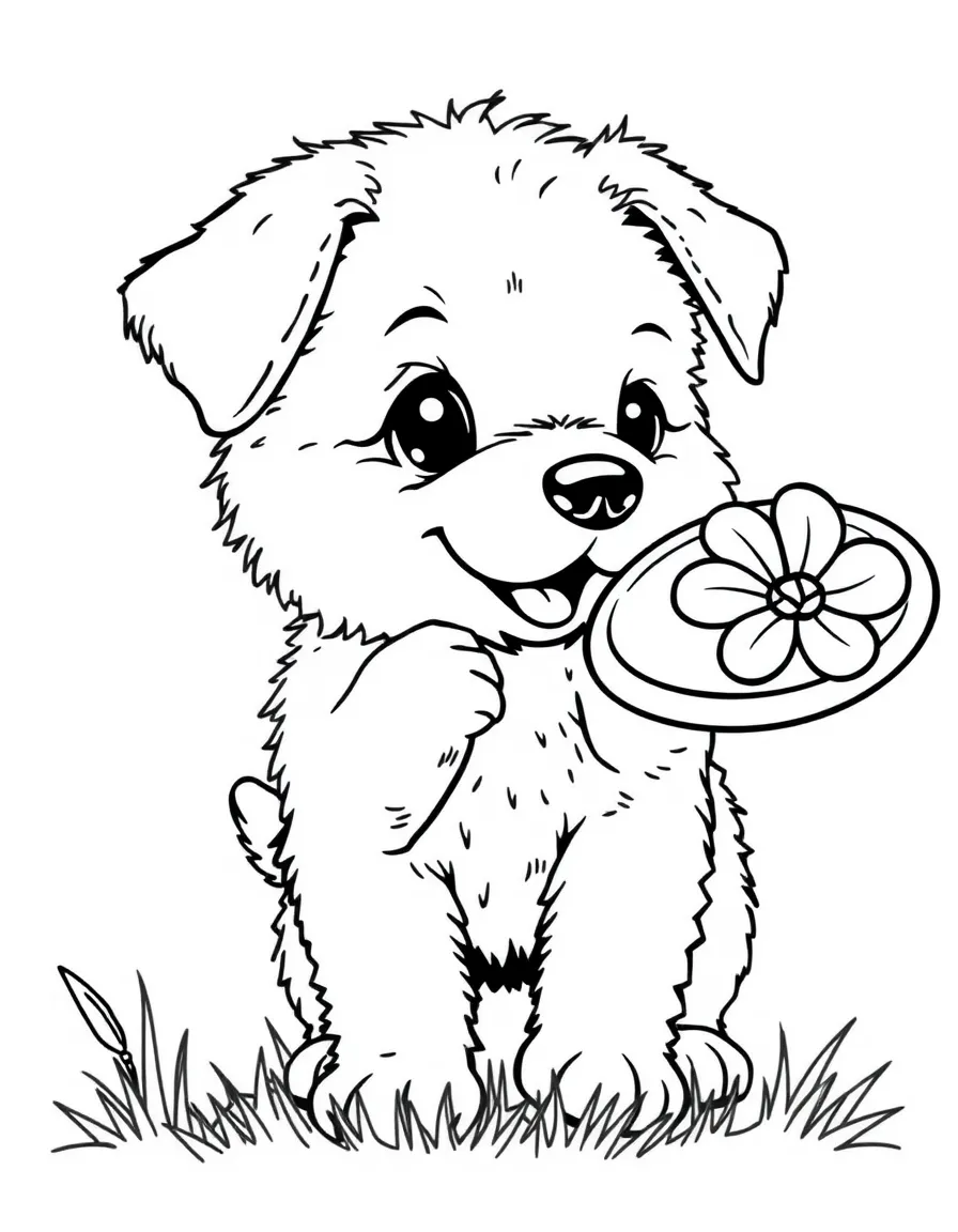 fluffy puppy playing fetch with flower frisbee coloring page