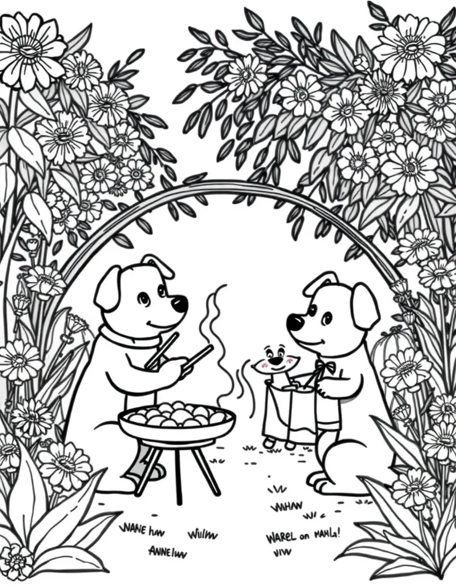cute dog family having barbecue in dahlia garden coloring page