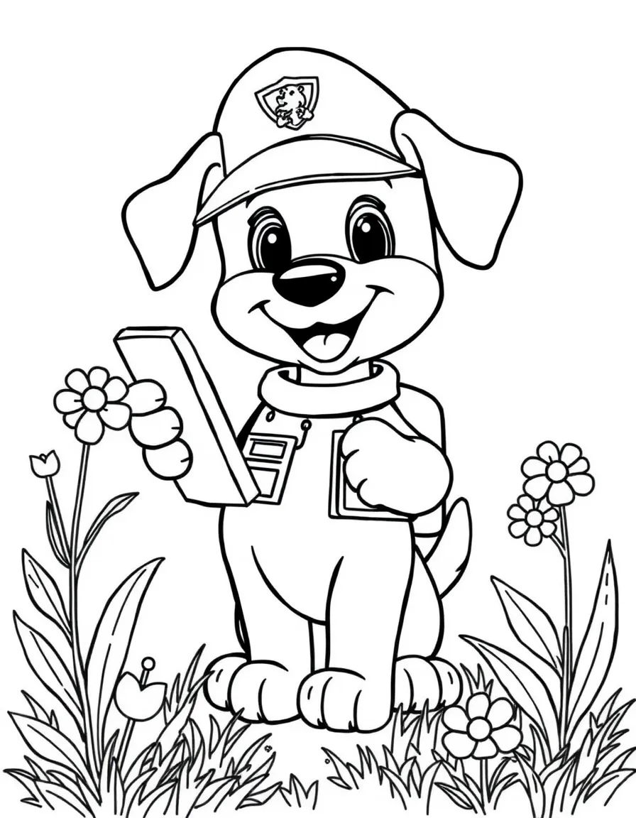 cartoon puppy mailman delivering flower seeds coloring page