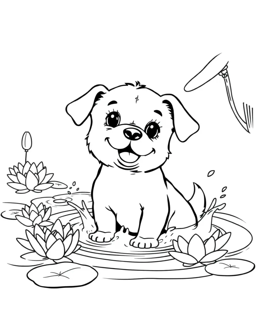 baby dog splashing in pond with water lilies coloring page