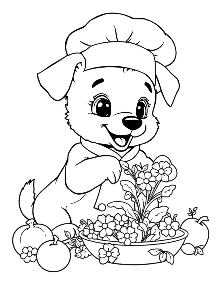 adorable puppy chef making flower salad coloring page