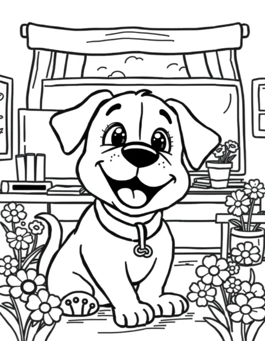 playful dog teacher in outdoor classroom with flowers coloring page