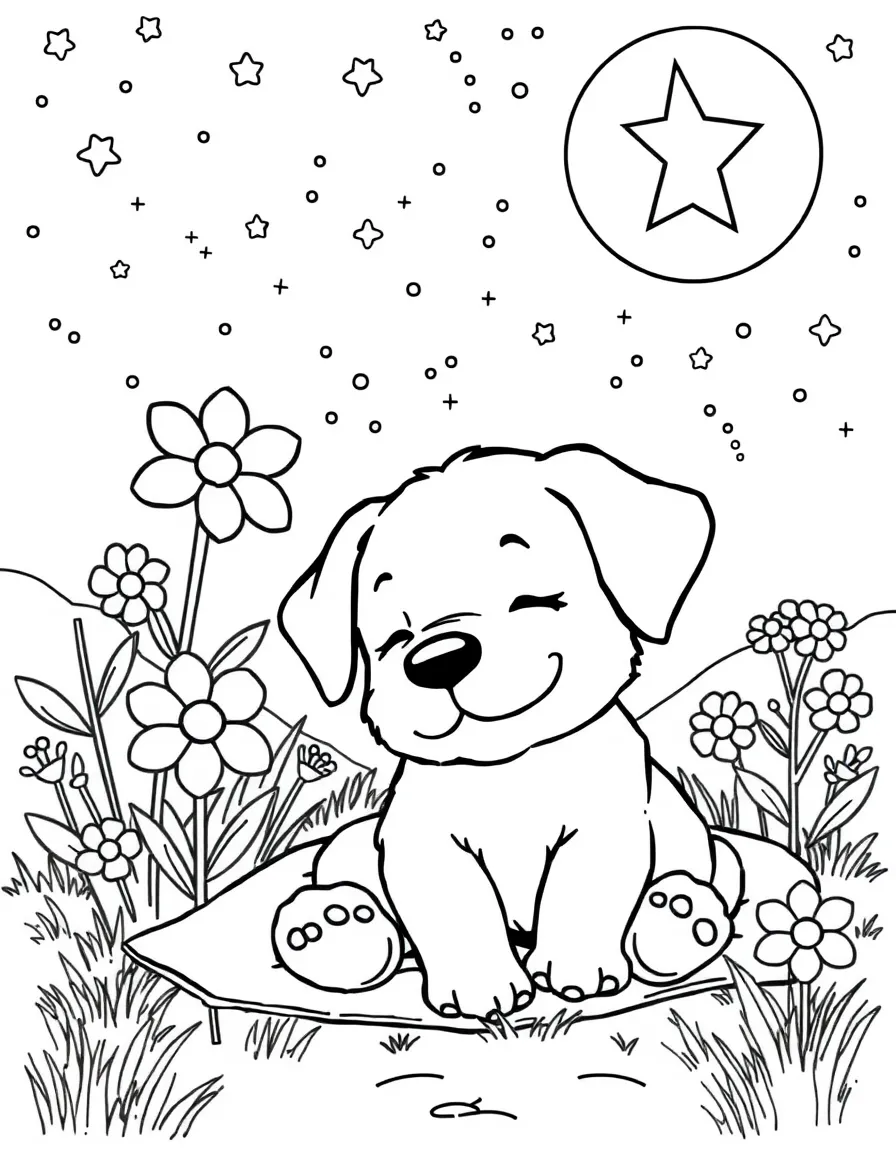 sleepy puppy camping under starry sky with night-blooming flowers coloring page