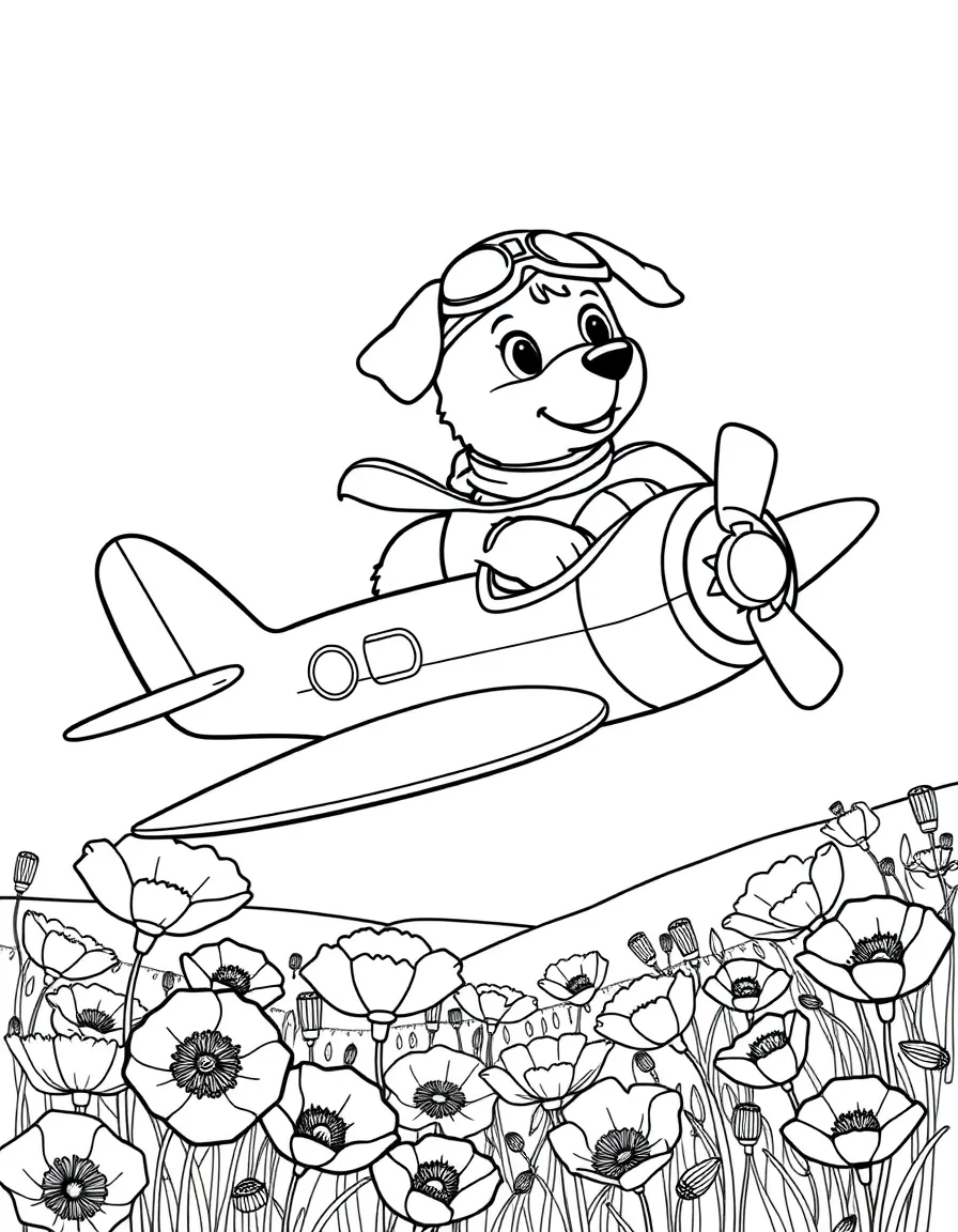 cute dog pilot flying plane over field of poppies coloring page