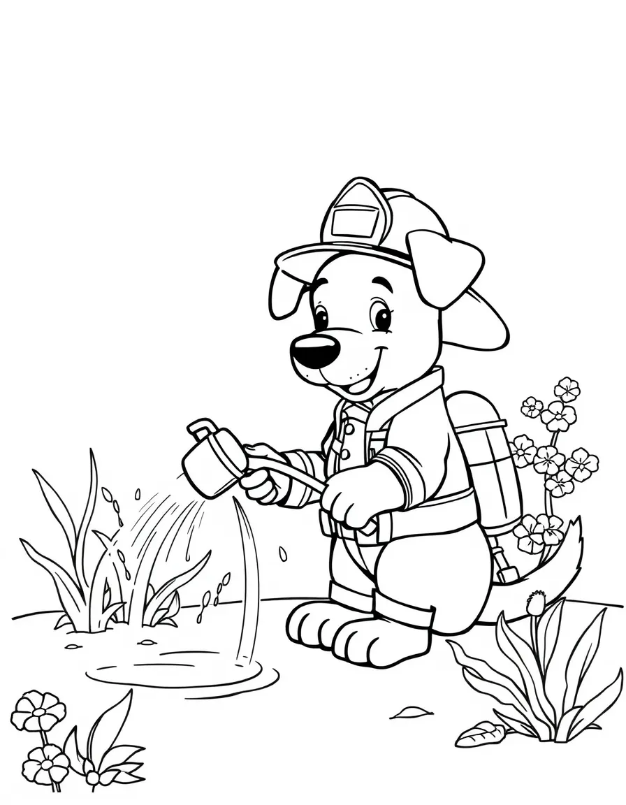 adorable dog firefighter watering drought-stressed garden coloring page