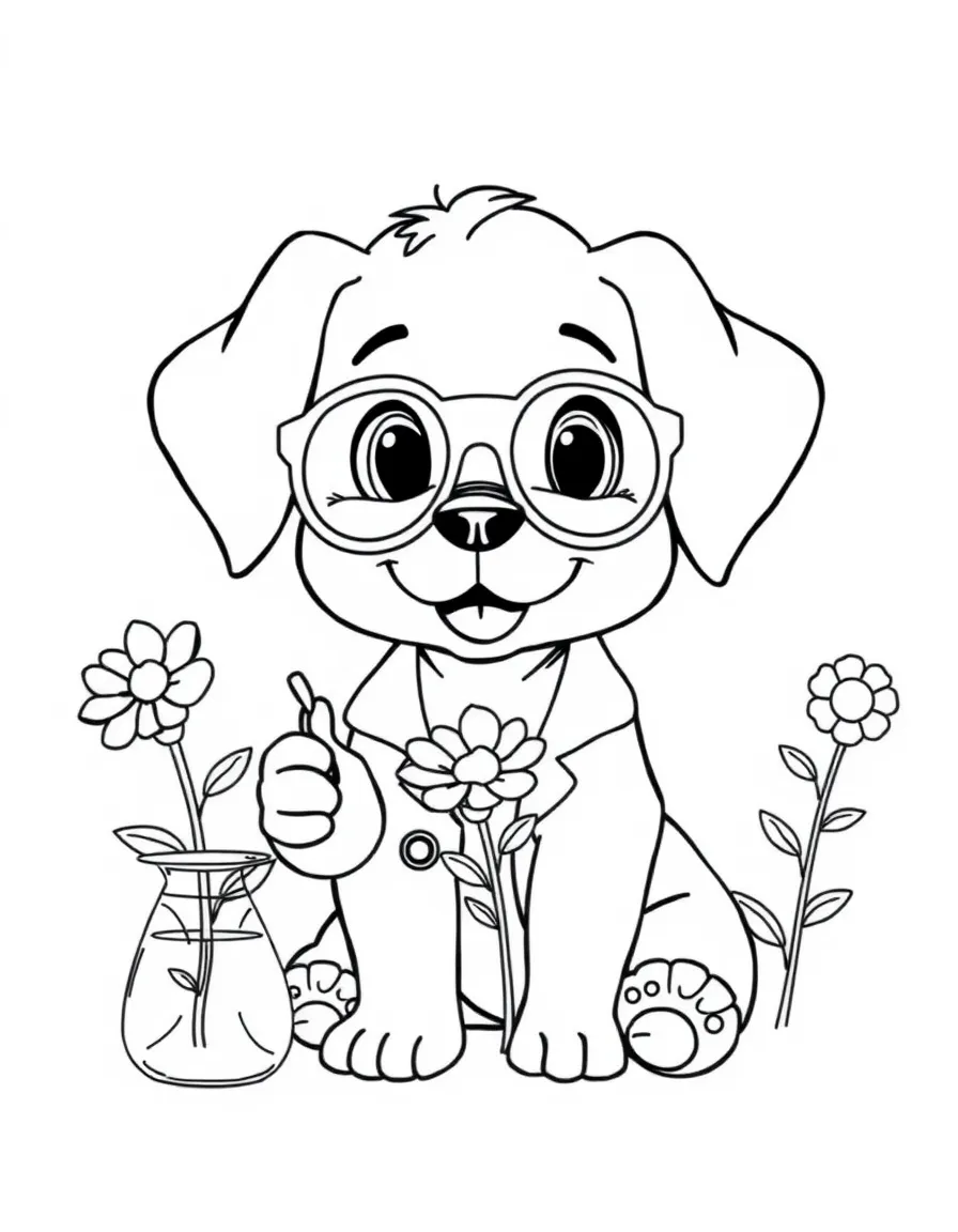 cartoon puppy scientist studying flower genetics coloring page