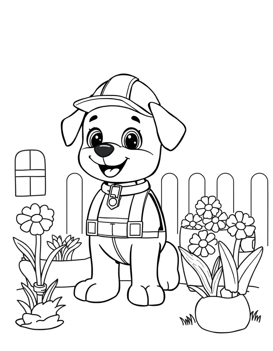 baby dog construction worker building flower beds coloring page