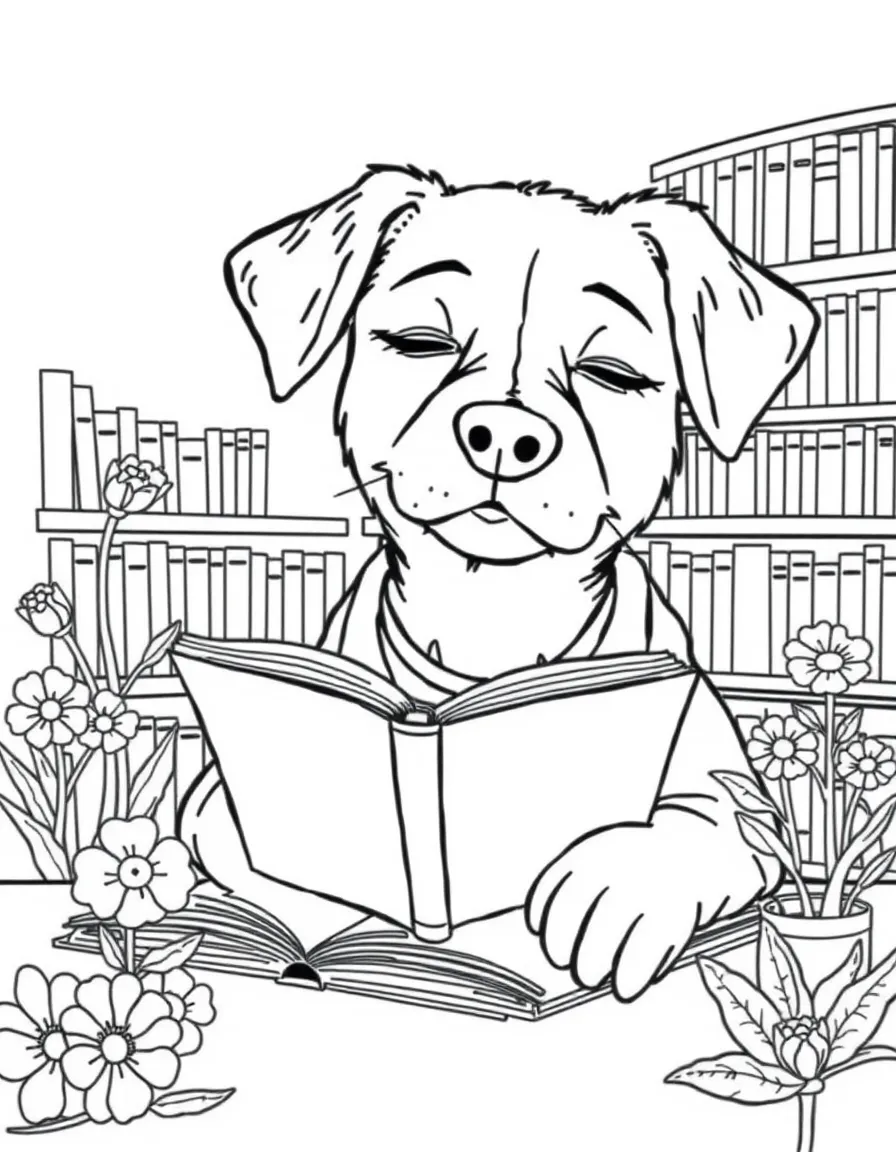 sleepy dog librarian reading about flower folklore coloring page
