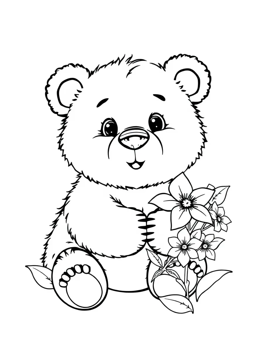 adorable cartoon bear cub with honeysuckle coloring page