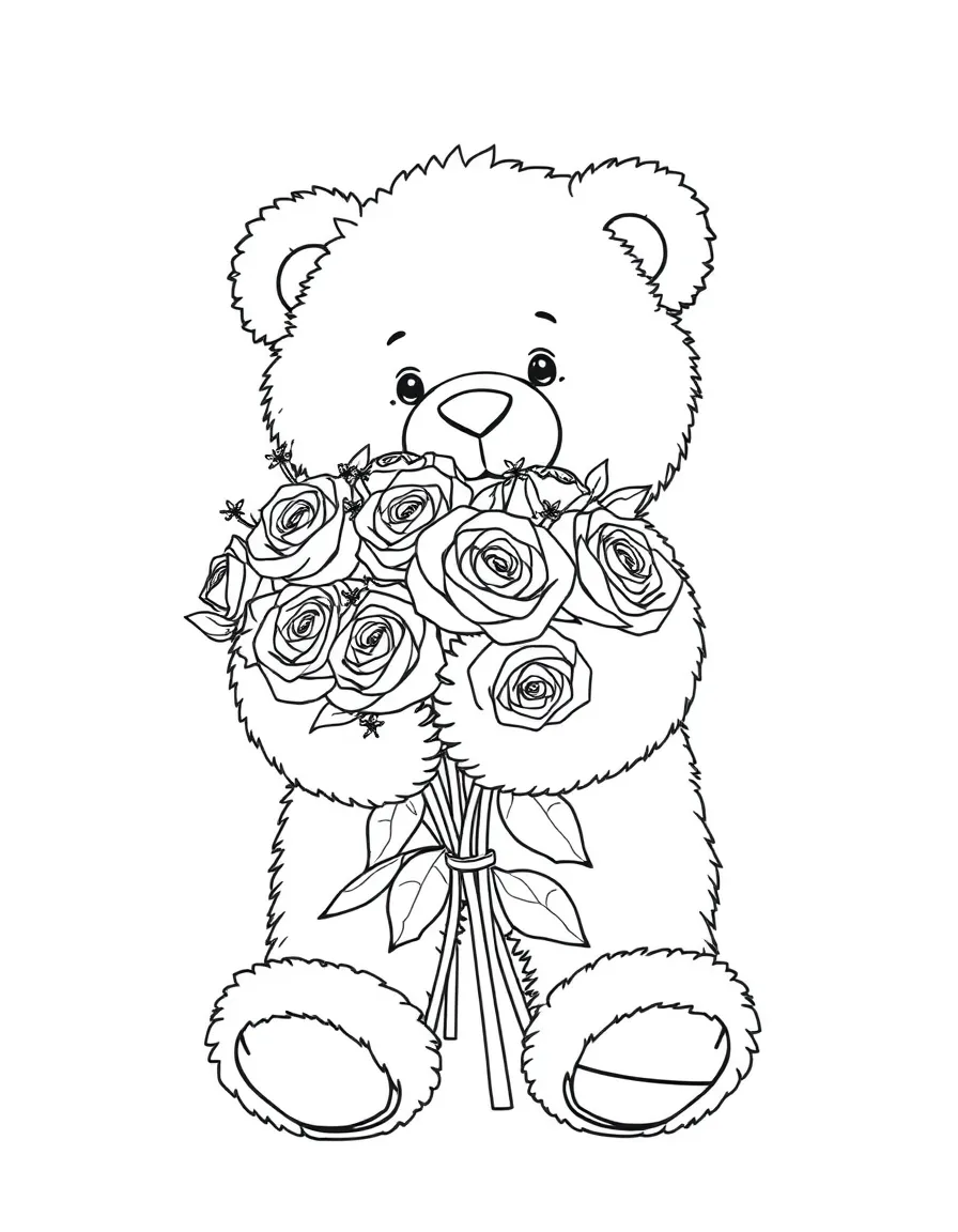 fluffy teddy bear hugging bouquet of roses coloring page