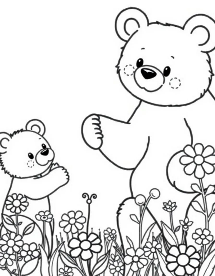 cute bear family picking berries and wildflowers coloring page