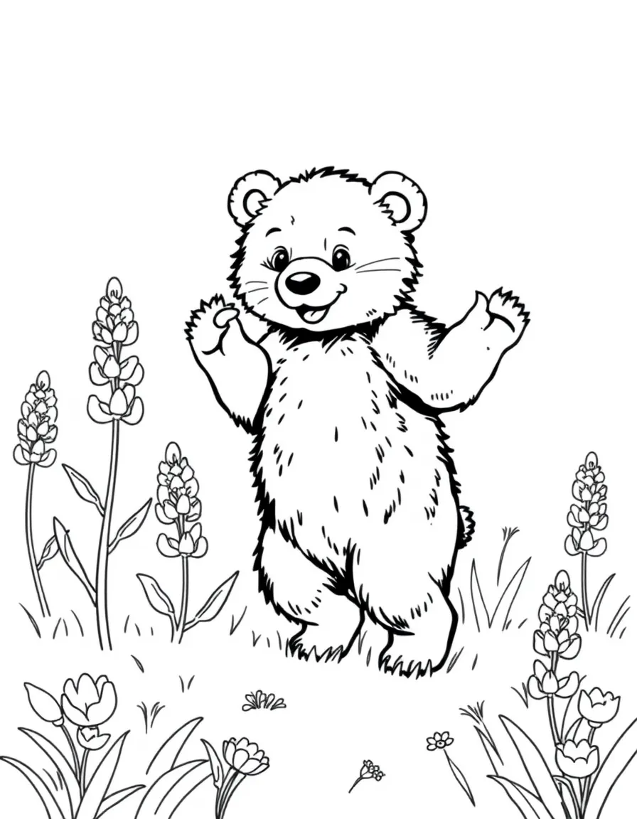 playful bear cub dancing in field of lupines coloring page