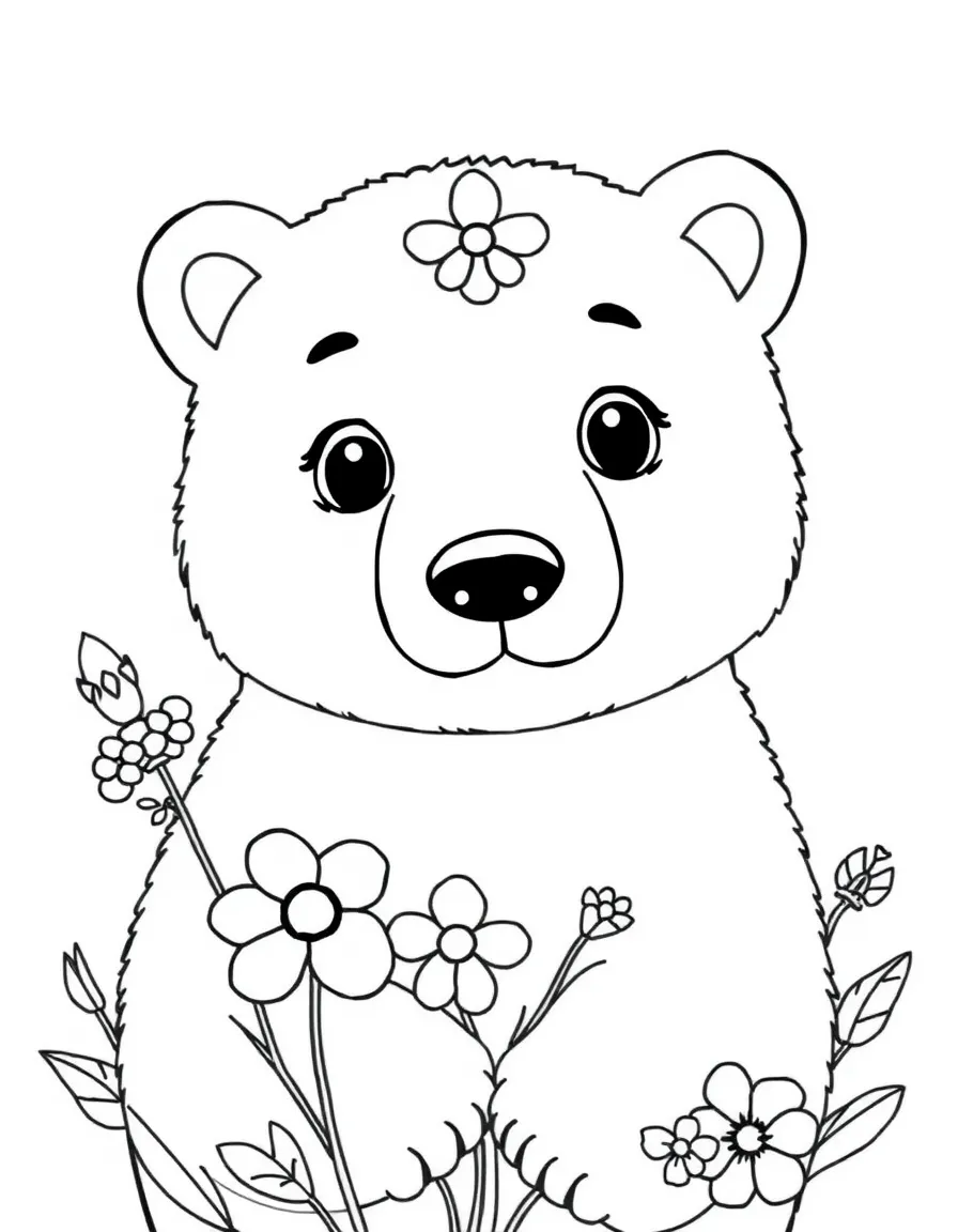 adorable polar bear with arctic flowers coloring page