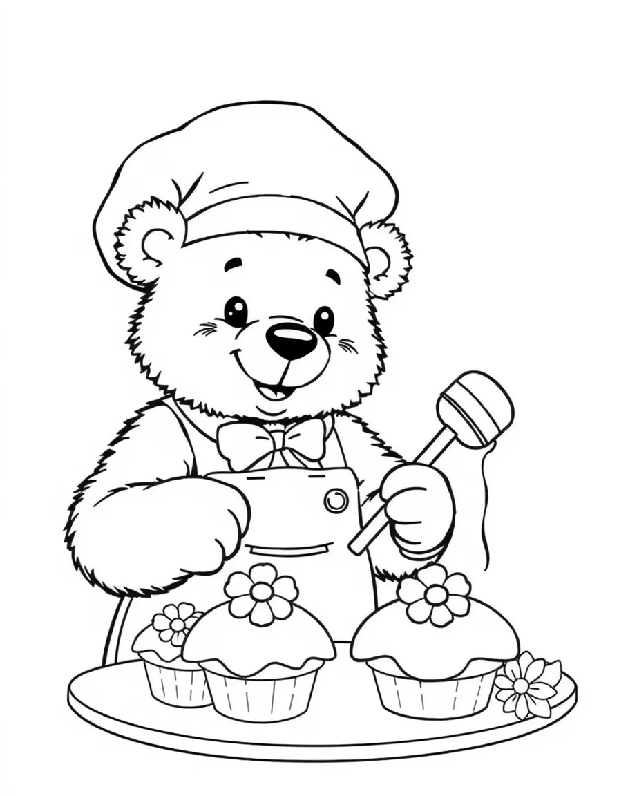 cute bear baker making honey flower cakes coloring page