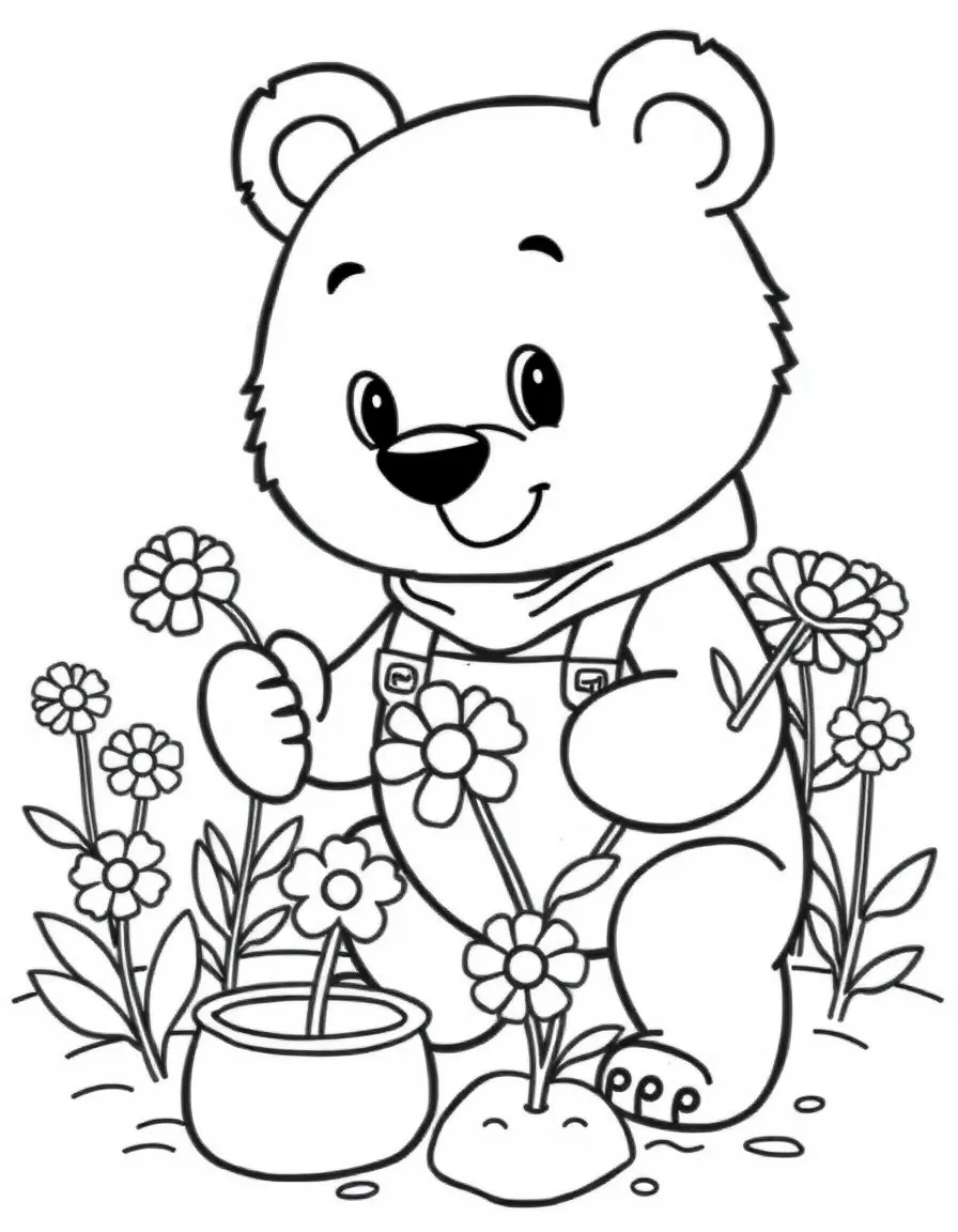 cartoon bear gardener planting flower seeds coloring page